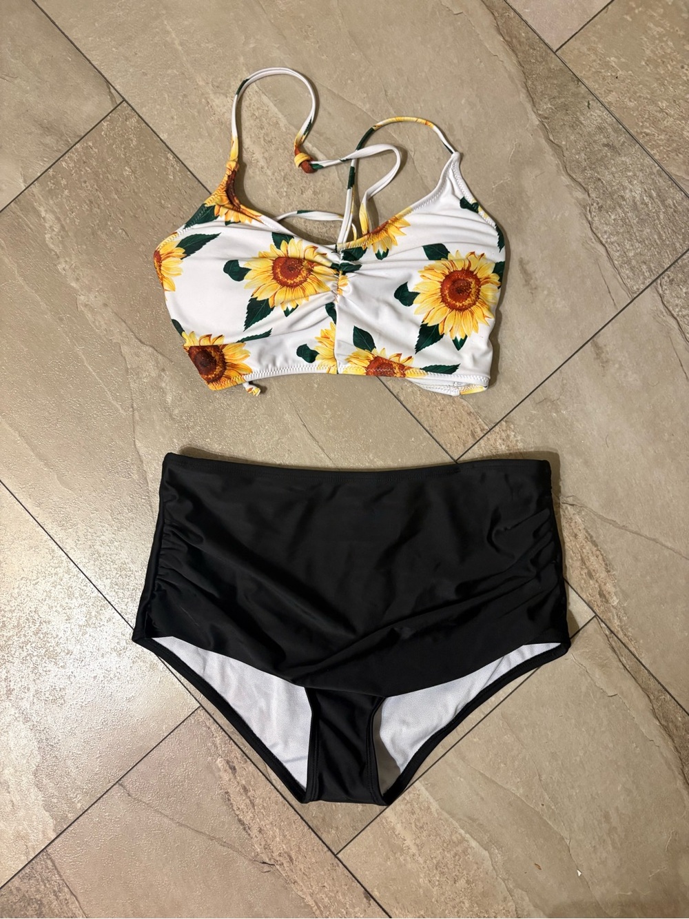 SHEIN White Sunflower Print Bikini Top with Black High-Waist Bottoms